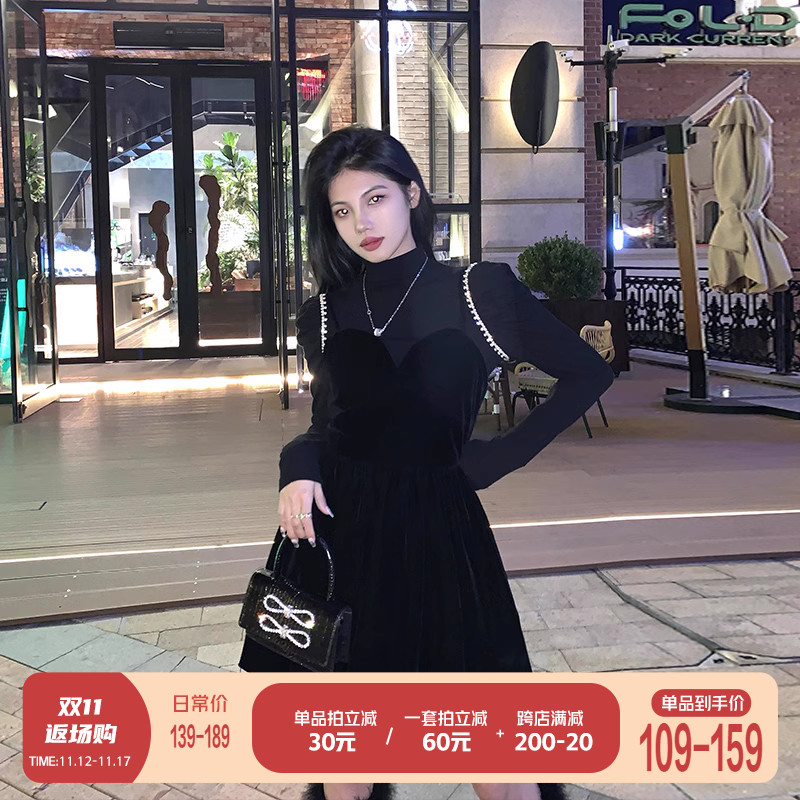 张大人秋冬新款欧美风连衣裙女气质御姐宴会小黑裙高领打底A字裙