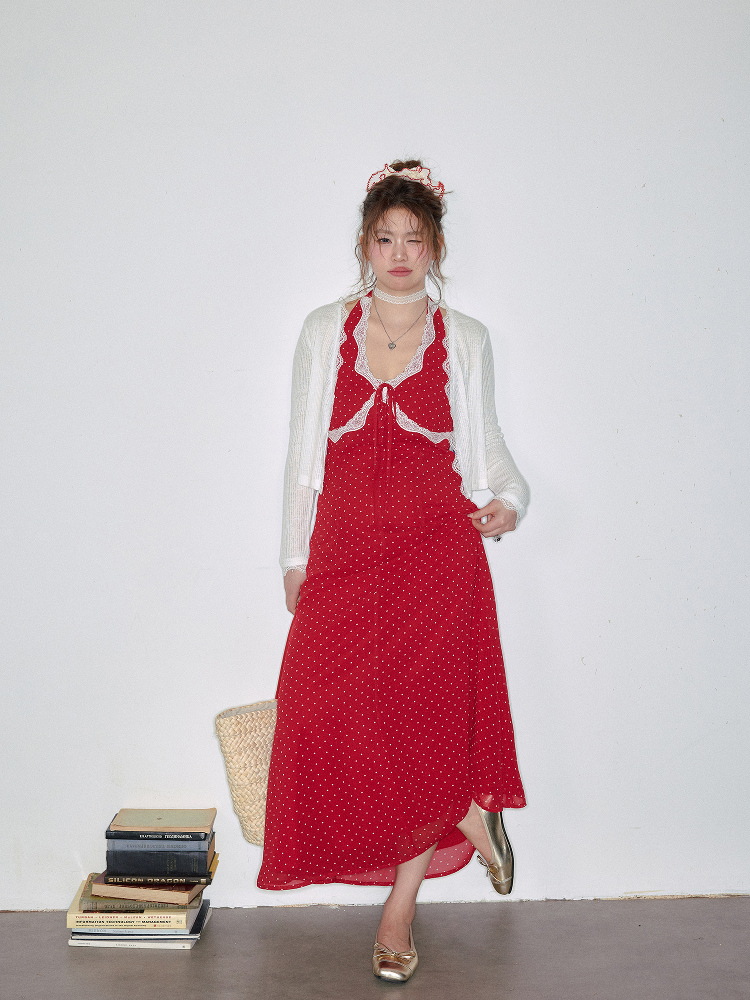 Plus-Size Women's Clothing for Chubby Girls mm Slim Looking Halter Neck Dress French Retro Beach Vacation Style Polka Dot Dress