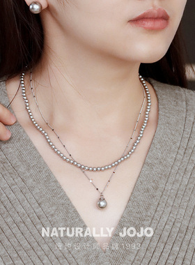 真多麻灰色人造珍珠纯银项链女