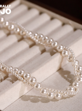 双层麻花叠戴仿珍珠项链女生元宝扣毛衣链小众设计高级感串珠颈链