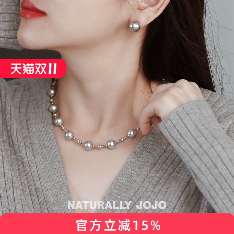 灰色仿珍珠切花满天星项链女