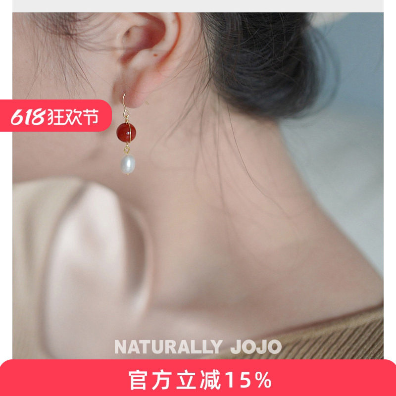 水滴珍珠红玛瑙耳环女生14k包金耳钩轻奢小众设计本命年红色耳饰