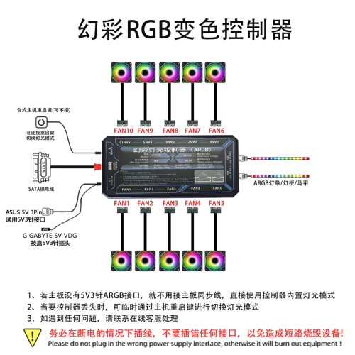 电脑机箱风扇rgb集线器幻彩神光同步6pin接口10+2无线遥控控制器