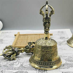 尼泊尔手工佛堂佛具摆件五股金刚铃杵黄铜法器铃铛摇铃唤醒铃大小