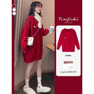 毛衣裙新年穿搭红色本命年龙年过年配大衣2025春季 连衣裙子女 新款