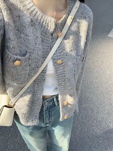 春秋2023新款灰色小香风软糯针织毛衣开衫外套女宽松慵懒风高级感