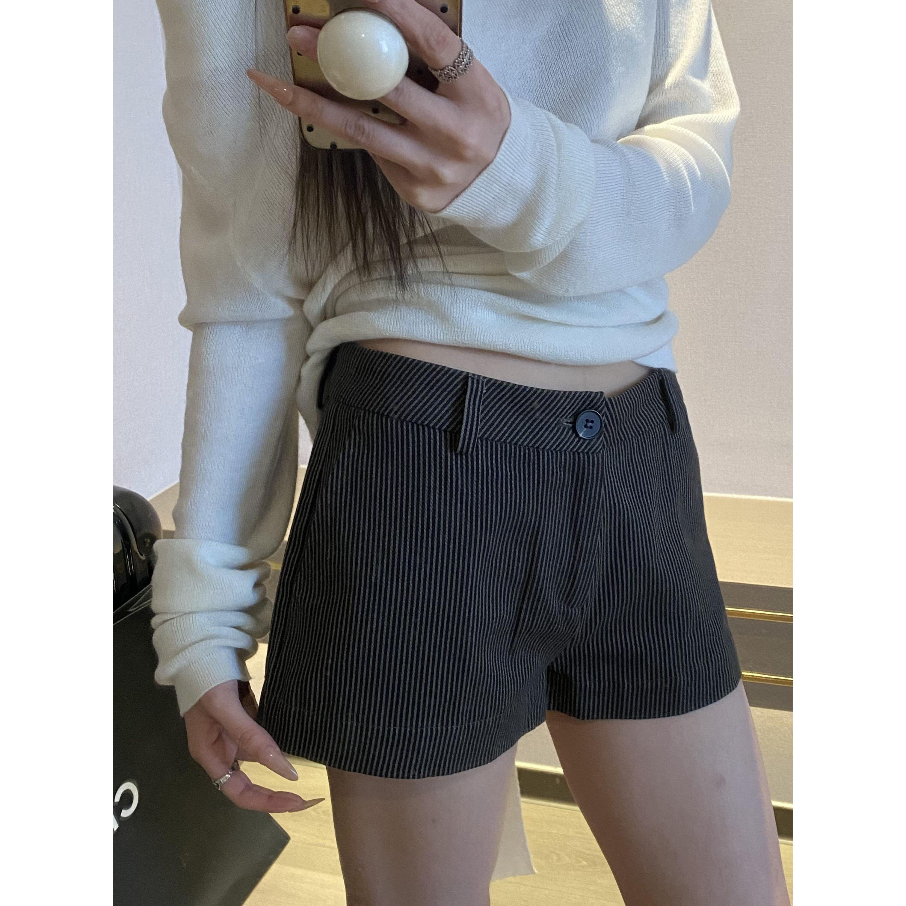 休闲条纹短裤女夏季新款中低腰显瘦舒适百搭外穿宽松阔腿直筒热裤