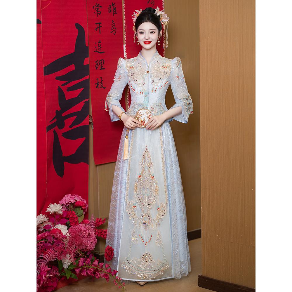 冰蓝色秀禾服2024新款夏季薄纱新娘结婚中式婚服高端重工敬酒礼服