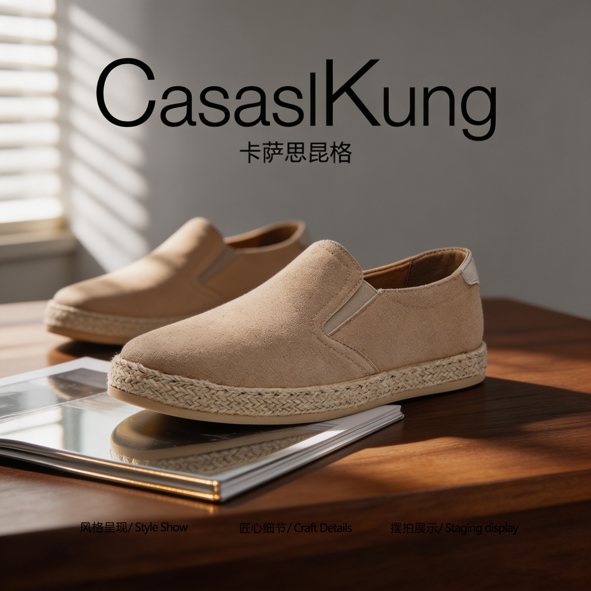 【慵懒松弛】CasaslKung2026秋季复古反绒乐福鞋男老钱风草编板鞋