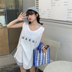 實拍實價 中長款字母印花圓領無袖小背心女夏寬鬆防曬薄款上衣