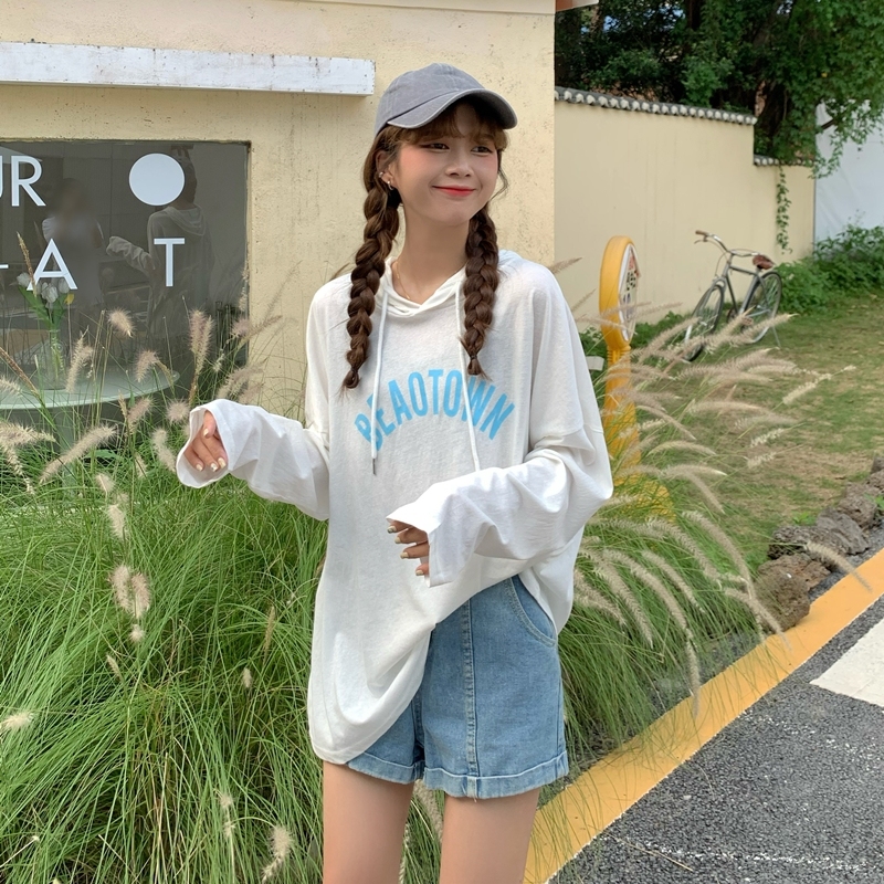 Real price letter printing pullover, sunscreen, women's summer and Korean loose long sleeve thin hooded top