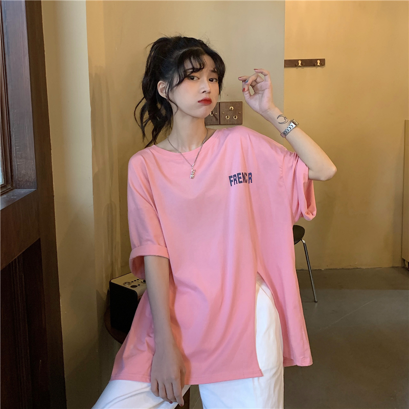 Real photo real price summer net red super fire ins letter printing top women's split medium long loose short sleeve T-shirt
