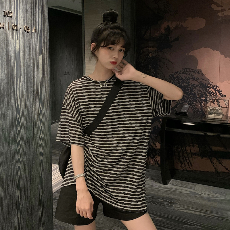 Real Price vintage striped round neck loose knit short sleeve T-shirt women's thin Korean summer medium length top