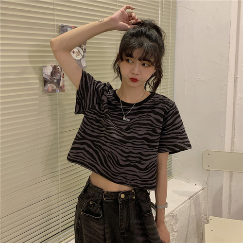 Real shot real price Black Zebra Shirt New Summer Korean version dark Department short loose round neck short sleeve female