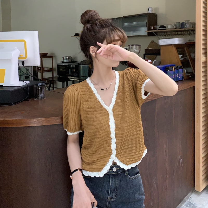 Real photo Xiaoxiang style color contrast short sleeve cardigan women's exquisite button round neck women's short top