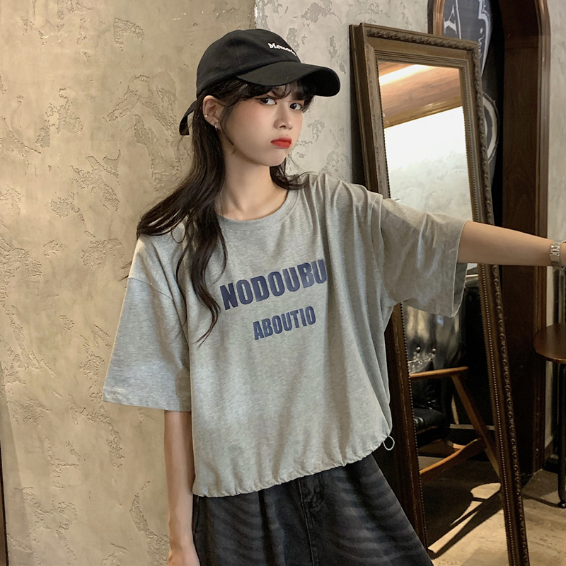 Real price versatile T-shirt summer Korean drawstring design loose hip hop letter print top fashion