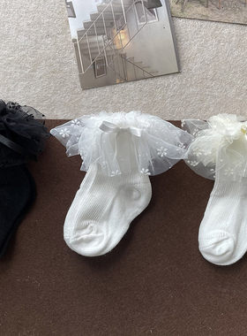 欠酱baby日系甜美花朵纱蝴蝶结棉袜公主袜韩国女童婴童堆堆袜