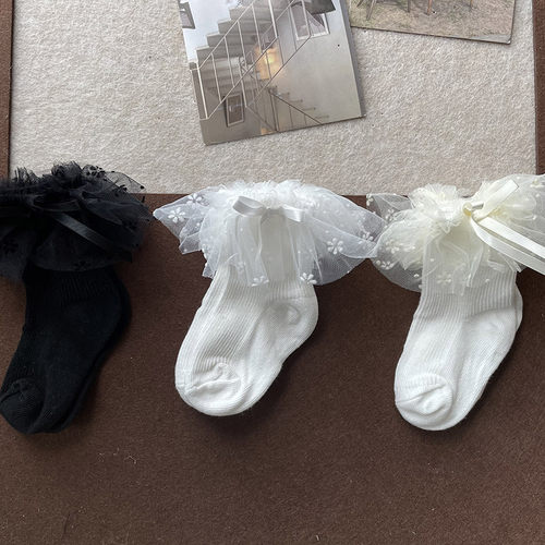 欠酱baby日系甜美花朵纱蝴蝶结棉袜公主袜韩国女童婴童堆堆袜