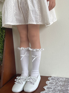 春夏新品小清新蝴蝶结花边女儿宝宝学生蕾丝舞蹈中筒短袜