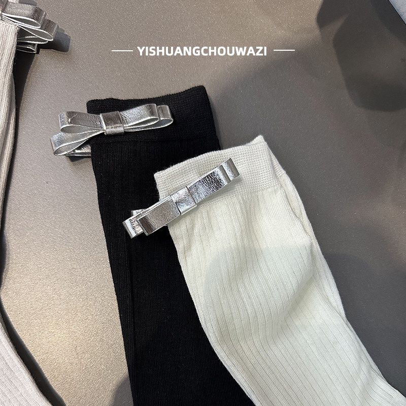 不会烂大街的袜子银色蝴蝶结纯色街头Y2K酷酷少女中筒袜JK小腿袜