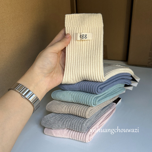 6%羊毛 加绒保暖羊毛中筒纯色袜子韩系百搭egg布标微压力无骨 冬季