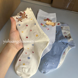 爱吃苹果的修狗袜子女春秋新款常规可爱卡通中筒棉袜百搭韩系无骨