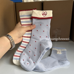 海盐汽水 新款袜子女中筒韩系学院风翻边条纹波点无骨百搭日系ins