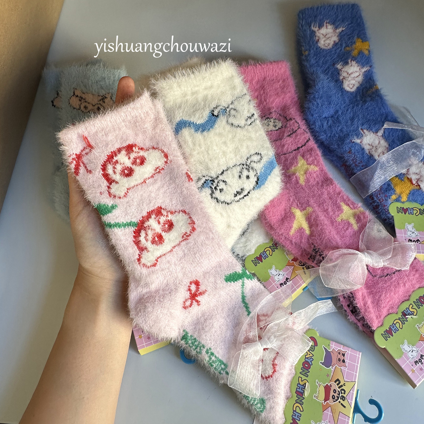 蜡笔小新厚款袜子女加绒加厚保暖冬季毛绒中筒袜子卡通可爱睡眠袜
