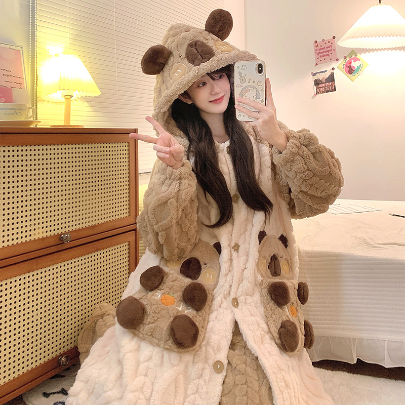 睡衣秋冬款女2024新款中长款睡袍珊瑚绒加绒加厚卡通家居服可外