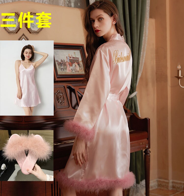 SUMMER RED BRIDAL FEATHER HEM MORNING GOWN VERSATILE BRIDESMAID COSMETICS WEDDING DRESSING GOWN SEXY LUXURY PAJAMAS