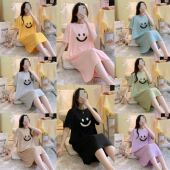 过膝休闲大码 睡裙女夏中长款 宽松纯色笑脸家居服 短袖 网红直播爆款