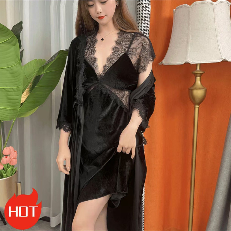 金丝绒睡衣女冬季性感蕾丝镂空吊带睡裙睡袍套装春秋轻奢家居服,女士内衣/男士内衣/家居服,睡袍/浴袍,淘宝优惠券,粉丝福利购,淘宝优惠卷