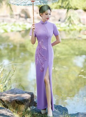 2025年新款紫色旗袍高贵优雅复古中国风短袖年轻款长款走秀连衣裙