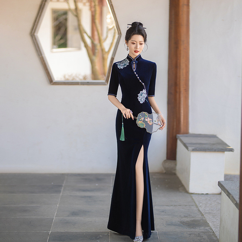 新款金丝绒走秀旗袍修身显瘦七分袖长款宴会晚礼服中老年演出服春