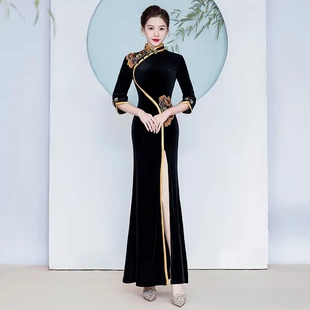 走秀旗袍牡丹鱼尾新款中袖丝绒花绘形体衣礼仪服单开叉连体长裙春