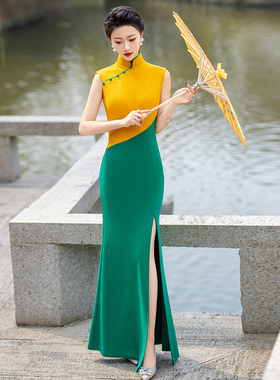 高端走秀旗袍表演出服中国风2025年新款黄色模特形体礼仪晚礼服裙