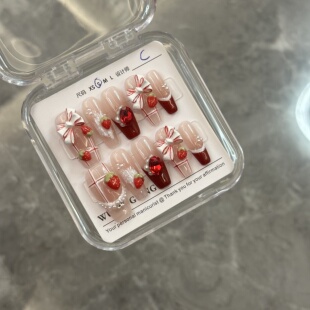 手工定制红白格纹立体桃心美甲成品贴片穿戴甲假指甲持久可拆卸