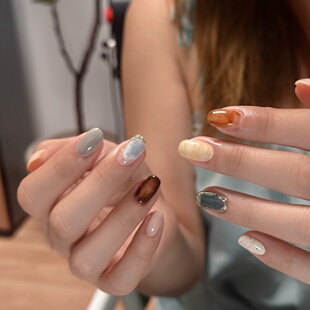 手工定制成品穿戴甲手工美甲新款 色初秋琥珀显白光疗假指甲贴孕妇