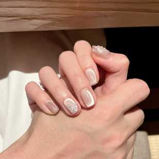 手工定制穿戴甲成品猫眼美甲ins风珍珠显白短款 孕妇学生假指甲贴