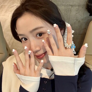 手工光疗穿戴甲奶白法式 甜妹美甲爆闪带钻气质显白假指甲贴片新娘