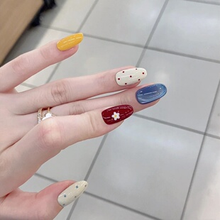 指甲贴片手工定制成品美甲贴片俏皮跳色波点短款 穿戴甲可拆卸