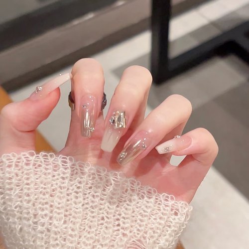 手工定制成品穿戴甲手工美甲新款酒泉银色显白光疗假指甲贴片孕妇