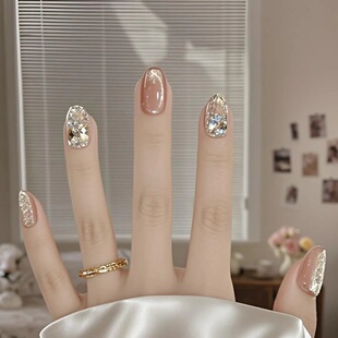 手工定制成品穿戴甲手工美甲碎钻猫眼新款 显白光疗假指甲贴片孕妇