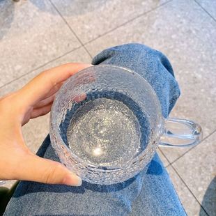 小熊马克玻璃水杯冰川泡茶杯家用花茶杯耐热玻璃锤纹把杯ins批发