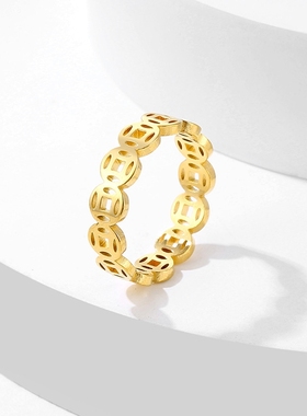 复古铜钱戒指不锈钢招财钱多聚财转运指环钛钢18k金食指男女尾戒