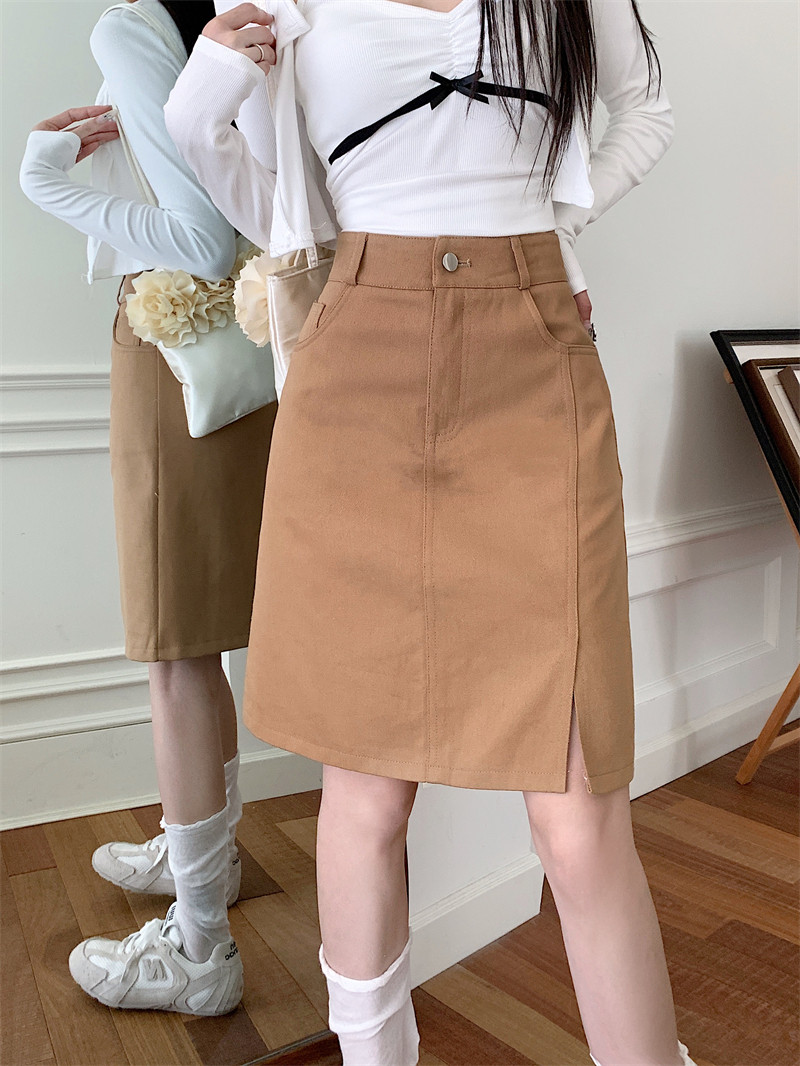 大码卡其色半身裙女夏牛仔中裙高腰a字短裙显瘦开叉中长款包臀裙