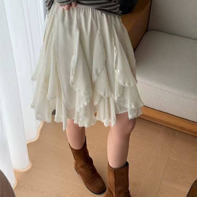 大码法式不规则蕾丝边半身裙女夏高腰显瘦蛋糕a字裙胖mm遮胯中裙