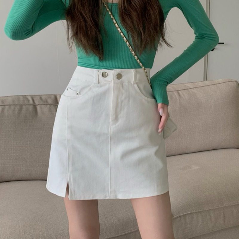 大码白色开叉牛仔短裙夏季韩版显瘦包臂a字裙胖mm遮胯纯色半身裙