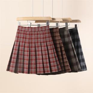 大码毛呢红色格子半身裙加厚百褶裙女秋冬学院风a字裙咖格纹短裙