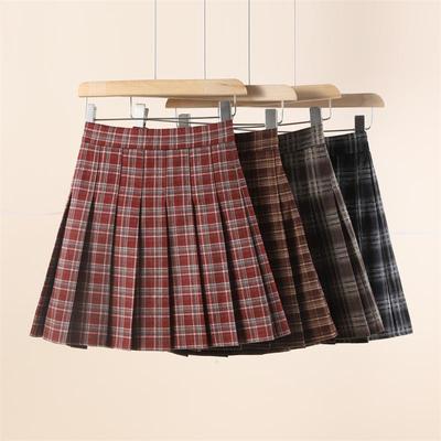 毛呢红色格子百褶裙高腰咖格短裙